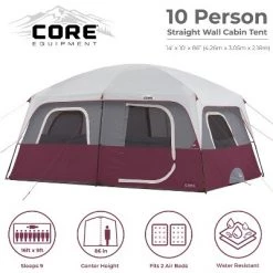 Core Equipment CORE Straight Wall 14 x 10 Foot 10 Person Cabin Tent with 2 Rooms & Rainfly, Red