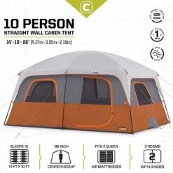 Core Equipment CORE Straight Wall 14 x 10 Foot 10 Person Cabin Tent with 2 Rooms & Rainfly, Red -Outlet Camping Gear Store unnamed file 1257