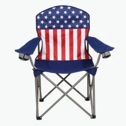 Kamp-Rite KAMPAFC141 Portable Outdoor Camping Furniture Beach Patio Sports Folding Quad Lawn Chair with 2 Cup Holders, USA Flag