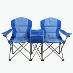 Kamp-Rite Double Folding Camp Chair w/ Center Cooler and Cupholders with 2-Pack Padded Folding Camp Chair w/ Lumbar Support and Cupholders, Blue