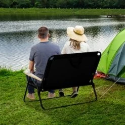 Outsunny Portable Folding Double Camping Chair Cup Holder, Loveseat for 2 Person, Outdoor Chair with Wood Armrest Beach Travel