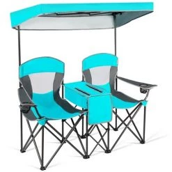 Costway Portable Folding Camping Canopy Chairs w/ Cup Holder Cooler Outdoor Turquoise