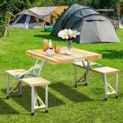 Outsunny Portable Foldable Camping Picnic Table with Seats Chairs and Umbrella Hole, 4-Person Fold Up Travel Picnic Table, Wood