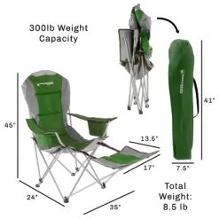 Leisure Sports Reclining Quad Camp Chair with Footrest and Drink Holder - Green