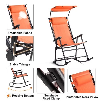 Costway Folding Rocking Chair Rocker Porch Zero Gravity Furniture Sunshade Canopy Orange 5 Costway Folding Rocking Chair Rocker Porch Zero Gravity Furniture Sunshade Canopy Orange - Image 3