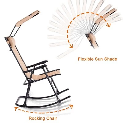 Costway Folding Rocking Chair Rocker Porch Zero Gravity Furniture Sunshade Canopy Beige 4 Costway Folding Rocking Chair Rocker Porch Zero Gravity Furniture Sunshade Canopy Beige - Image 2