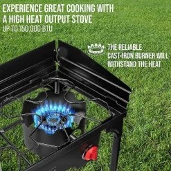 Hike Crew Cast Iron Double-Burner Outdoor Gas Stove | 150,000 BTU Portable Propane-Powered Cooktop with Removable Legs, Temperature Control Knobs, Wind Panels, Hose, Regulator & Storage Carry Case -Outlet Camping Gear Store unnamed file 3014