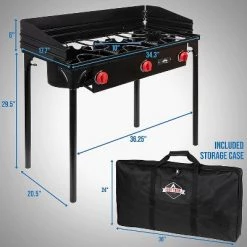 Hike Crew Cast Iron 3-Burner Outdoor Gas Stove | 225,000 BTU Portable Propane-Powered Cooktop with Removable Legs, Temperature Control Knobs, Wind Panels, Hose, Regulator & Storage Carry Case