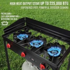 Hike Crew Cast Iron 3-Burner Outdoor Gas Stove | 225,000 BTU Portable Propane-Powered Cooktop with Removable Legs, Temperature Control Knobs, Wind Panels, Hose, Regulator & Storage Carry Case -Outlet Camping Gear Store unnamed file 3044