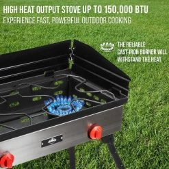 Hike Crew Cast Iron Double-Burner Outdoor Gas Stove | 150,000 BTU Portable Propane-Powered Cooktop w/ Compact Foldable Legs, Temperature Control Knobs, Wind Panels, Hose Regulator & Storage Carry Case