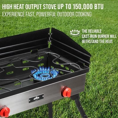 Hike Crew Cast Iron Double-Burner Outdoor Gas Stove | 150,000 BTU Portable Propane-Powered Cooktop w/ Compact Foldable Legs, Temperature Control Knobs, Wind Panels, Hose Regulator & Storage Carry Case 3 Hike Crew Cast Iron Double-Burner Outdoor Gas Stove | 150,000 BTU Portable Propane-Powered Cooktop w/ Compact Foldable Legs, Temperature Control Knobs, Wind Panels, Hose Regulator & Storage Carry Case