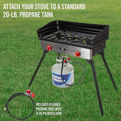 Hike Crew Cast Iron Double-Burner Outdoor Gas Stove | 150,000 BTU Portable Propane-Powered Cooktop w/ Compact Foldable Legs, Temperature Control Knobs, Wind Panels, Hose Regulator & Storage Carry Case 7 Hike Crew Cast Iron Double-Burner Outdoor Gas Stove | 150,000 BTU Portable Propane-Powered Cooktop w/ Compact Foldable Legs, Temperature Control Knobs, Wind Panels, Hose Regulator & Storage Carry Case - Image 5