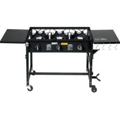 Barton Living Barton 87,000 BTU 3-Burner Outdoor Propane Grill Camp Stove Side Table W/ Wheel (4) Hook Utensil Holder, Black