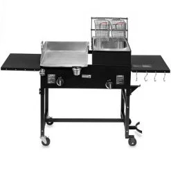 Barton Living Barton 58,000 BTU Outdoor Double Burner Stove Cook Station Flat Top Griddle & Deep Fryer BBQ Grill Side Table