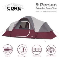 Core Equipment CORE Extended Dome Tent 16 x 9 Foot 9 Person Camping Tent with Air Vents, Red
