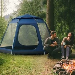 Outsunny 6 Person Camping Tent, Waterproof Rain Cover, Easy Pop Up Hexagon Design, Family / Party Sized, Mesh, 2 Pockets for Hiking, Backpacking, Hunting, Fishing, Dark Blue