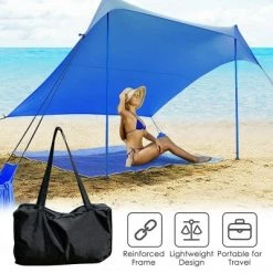 Costway Family Beach Tent Canopy w/ 4 Poles Sandbag Anchors 7'x7' UPF50+ Blue