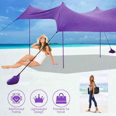 Costway Family Beach Tent Canopy w/4 Poles Sandbag Anchors 10'x9' UPF50+ Purple/Green/Blue 5 Costway Family Beach Tent Canopy w/4 Poles Sandbag Anchors 10'x9' UPF50+ Purple/Green/Blue - Image 3