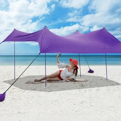 Costway Family Beach Tent Canopy w/4 Poles Sandbag Anchors 10'x9' UPF50+ Purple/Green/Blue 8 Costway Family Beach Tent Canopy w/4 Poles Sandbag Anchors 10'x9' UPF50+ Purple/Green/Blue - Image 6