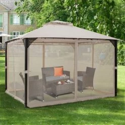 Costway 12' x 10' Outdoor Patio Gazebo Canopy Shelter Double Top Sidewalls Netting Brown Beige -Outlet Camping Gear Store unnamed file 4367