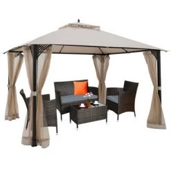 Costway 12' x 10' Outdoor Patio Gazebo Canopy Shelter Double Top Sidewalls Netting Brown Beige -Outlet Camping Gear Store unnamed file 4372