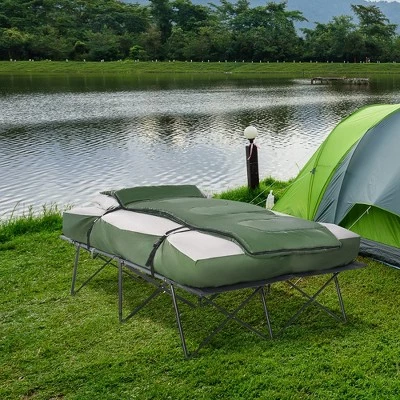 Outsunny 2-Person Folding Camping Cot Portable Outdoor Bed Set with Sleeping Bag, Inflatable Air Mattress, Comfort Pillows and Carry Bag, Soft and Comfortable for Outdoor Travel Camp Beach Vacation 4 Outsunny 2-Person Folding Camping Cot Portable Outdoor Bed Set with Sleeping Bag, Inflatable Air Mattress, Comfort Pillows and Carry Bag, Soft and Comfortable for Outdoor Travel Camp Beach Vacation - Image 2