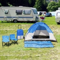 Outsunny Kids Camping Tent with Chairs, Sleeping Bags, Flashlights, Trolley Case, 69" L 53.25" W 37.5" H, Blue/Grey