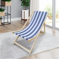 Striped Wood Sling Chair - Natural/Blue - WELLFOR
