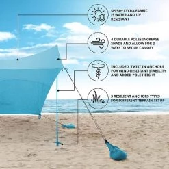 Hike Crew Sun Shade Canopy | Lycra Portable Beach Tent Shelter with UPF50+ Protection, Built-in Sandbags, Carry Bag, 4 Poles & 3 Anchor Sets for Various Terrain | Wind, Water & UV Resistant